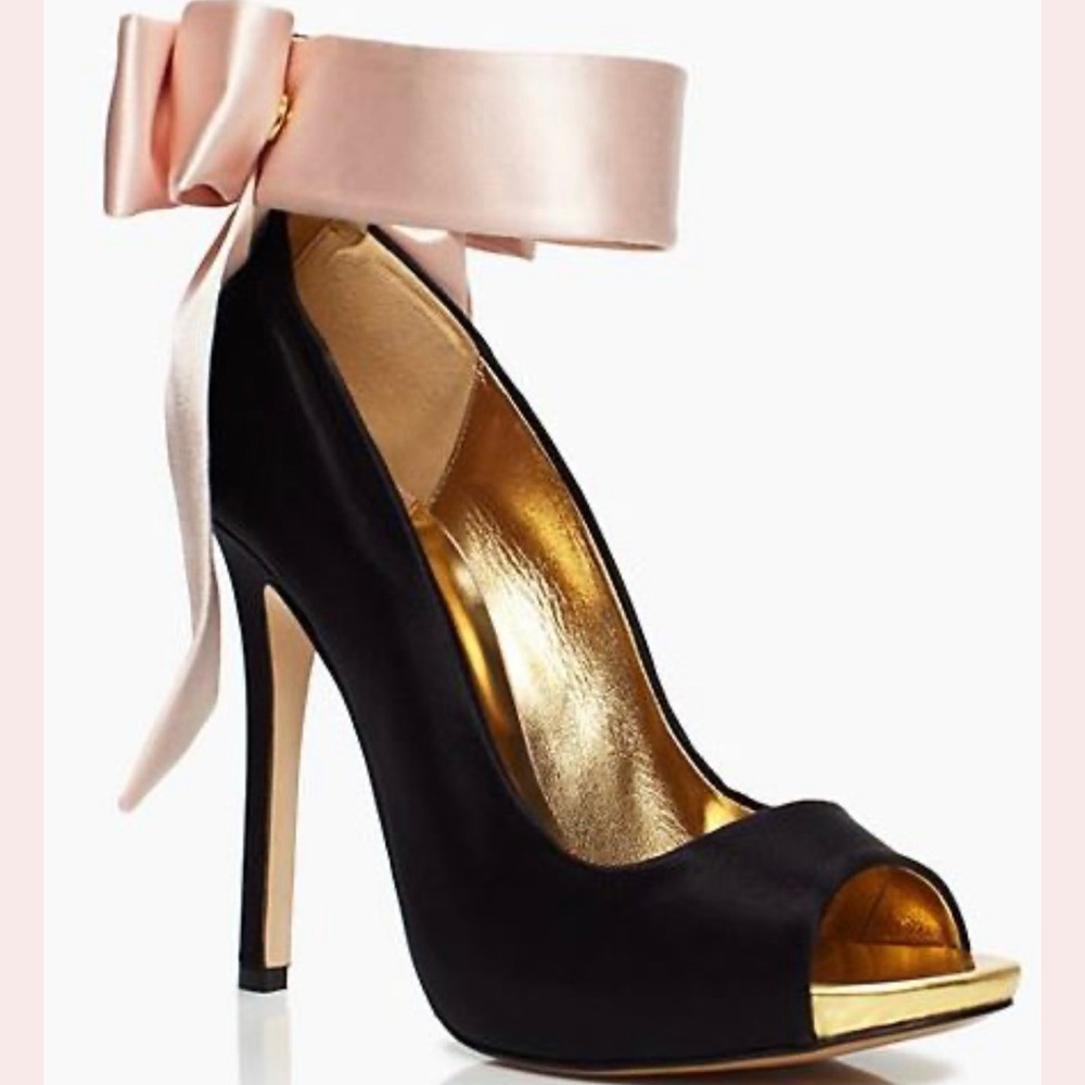 KATE SPADE GRANDE BOW BLACK SATIN PEEP TOE STILETTO HEELS SIZE 8 NARROW NO BOW - Picture 3 of 8